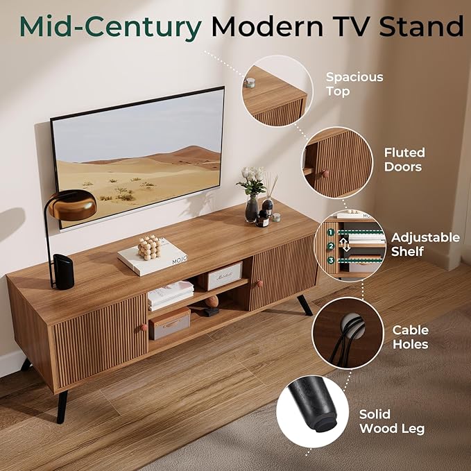 COMHOMA TV Stand for Living Room, Mid Century Modern Entertainment Center for 55/60/65 Inch TVs, Retro Brown TV Console with Fluted Door Cabinets and Open Adjustable Shelve Storage for Bedroom-Ruum Studio Home