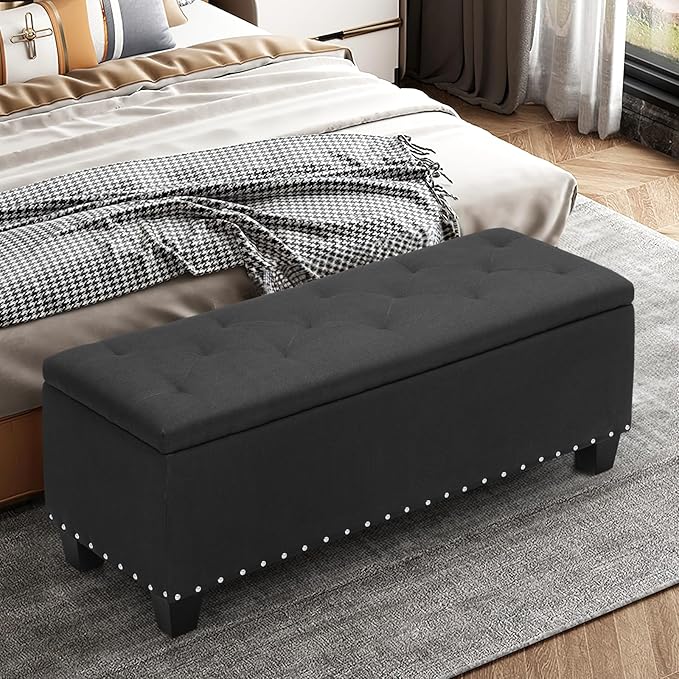 MoNiBloom 42 Inch Long Ottoman with Storage, Black Linen Foot Stool Upholstered Foam Padded Rectangular Fabric Tufted Bench Footrest for Living Room Bedroom Entry with 300 Lbs Capacity-Ruum Studio Home