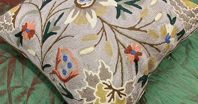 Beige Floral Pillow Cover Taupe Flower Traditional Hand Embroidered Pillowcase Traditional Outdoor Cushion Suzani Couch Flowery Needlepoint Chair Cushion Wool Size - 18x18-Ruum Studio Home