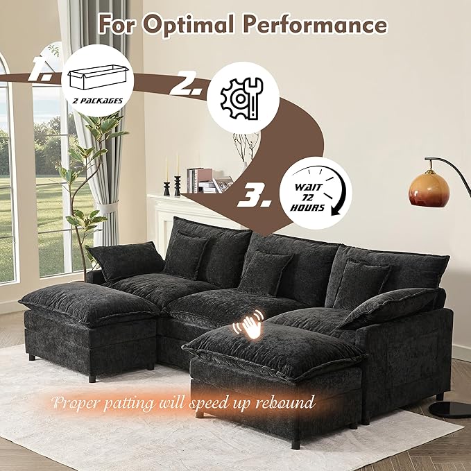108" U Shaped Couch, Modular Sectional Sofa, 3-Seater Comfy Cloud Couch with Movable Ottoman, Deep Seat Couches for Living Room, Chenille, Black-Ruum Studio Home