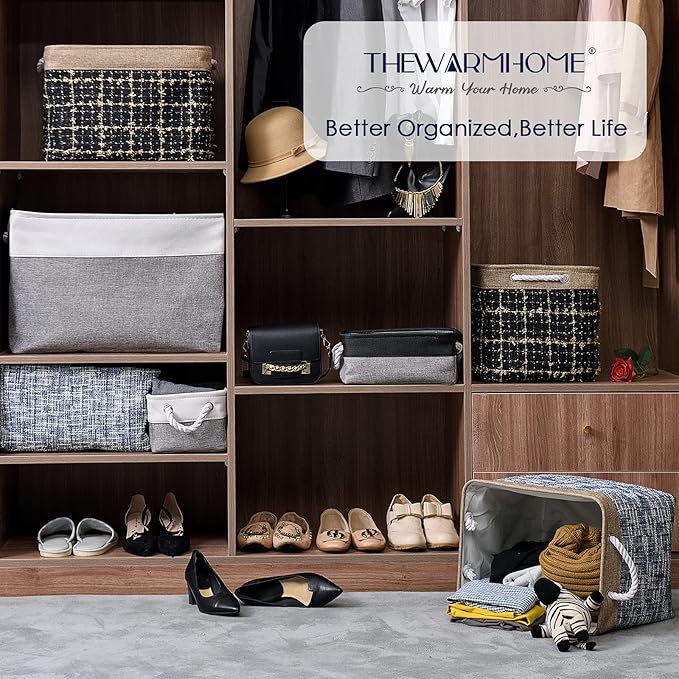 TheWarmHome Small Storage Baskets for Organizing,Storage Baskets for Shelves,Small Fabric Storage Bins W/Handles For Closet Nursery Toy Decorative Foldable (White&Grey, 11.8L*7.9W*5.2H-6 Pack)-Ruum Studio Home