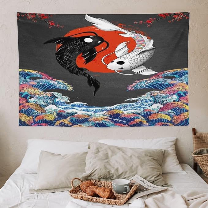 Houselerax Japanese Koi Fish Tapestries, Yin Yang Big Wave Cherry Blossom Tapestry Wall Hanging for Bedroom Living Room Office Decor 60"x40"-Ruum Studio Home