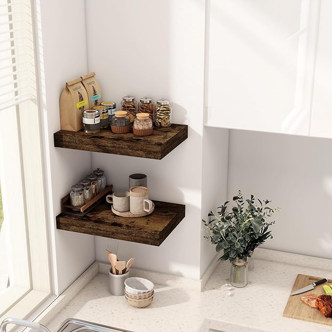 12 Inch Deep Floating Shelves, 16 x 12 Floating Shelf for Books, Rustic Wood Deep Wall Shelves for Home Storage & Display, 2" Thicked Shelves for Kitchen, Living Room, Bedroom, Rustic Brown, 2 Pack-Ruum Studio Home