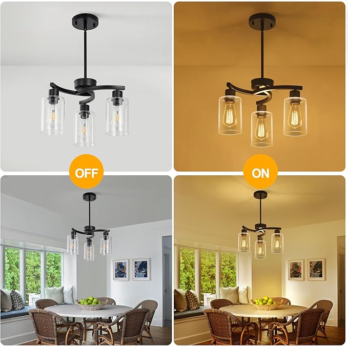 3-Light Modern Farmhouse Black Pendant Lights Kitchen Island, Adjustable Height Contemporary Chandeliers for Dining Room Light Fixture Hanging, Clear Glass Shade-Ruum Studio Home