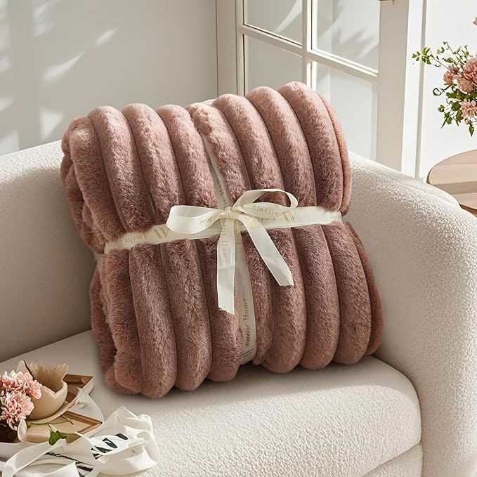 Amélie Home Faux Fur Throw Blanket for Couch, Ultra Cozy Fuzzy Fluffy Fur Luxurious Soft Striped Plush Gift Blankets for Family Sofa Chair Bed Living Room Bedroom, 60"x80", Ionic Fox Brown-Ruum Studio Home