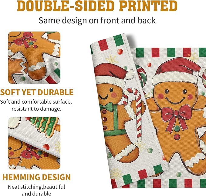 Gingerbread Man Christmas Placemats Set of 4 Candy Cane Xmas Seasonal Holiday Linen Table Mats Red Green Orange Winter Washable Place Mats for Party Kitchen Dining Outdoor Indoor Decor-Ruum Studio Home