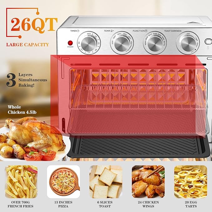 Geek Chef 26 QT Air Fryer Oven, Big Air Fryer, Toast Oven with Bake, Roast, Pizza, Easy to Use & Clean, 6 Slice Toast, Stainless Steel-Ruum Studio Home