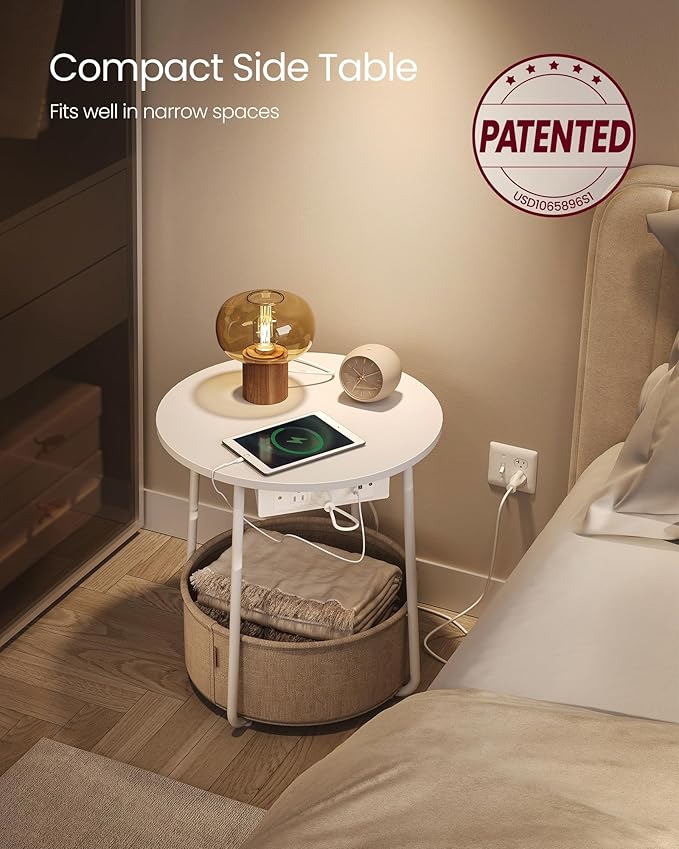 VASAGLE Side Table with Charging Station, Round End Table with Fabric Basket, Nightstand with Power Outlets, USB Ports, for Living Room, Bedroom, Modern, Matte White and Camel Brown ULET228W01-Ruum Studio Home