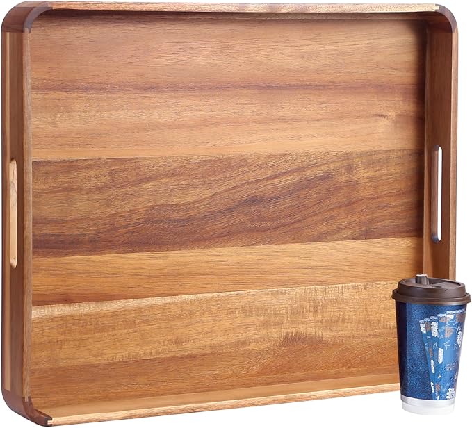Large Wooden Ottoman Tray, Great 22"x18" Rectangle Trays for Big Ottoman Counter, Huge Kitchen Wood Serving Tray Round Corner, Living Room Coffee Table Decor Centerpiece Organizer Trays-Ruum Studio Home