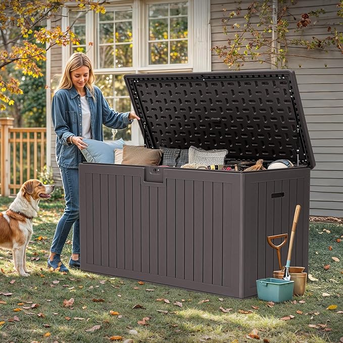 YITAHOME 200 Gallon Extra Large Deck Box, Double-Wall Resin Outdoor Storage Box with Flexible Divider for Patio Cushions Pool Supplies Garden Tools, 990 lbs Load Capacity, Lockable (Brown)-Ruum Studio Home
