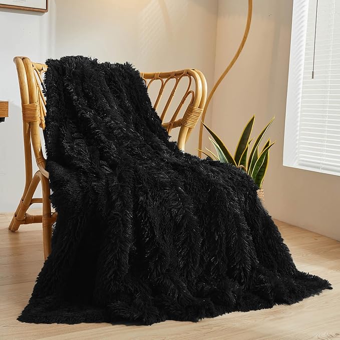 XeGe Luxury Faux Fur Throw Blanket, Black Soft 50x60 Fluffy Blanket Throw, Shaggy Plush Decorative Couch Blanket, Cute Furry Bed Throw Fuzzy Lap Blanket for Kids Women Men Teen Girls Black-Ruum Studio Home