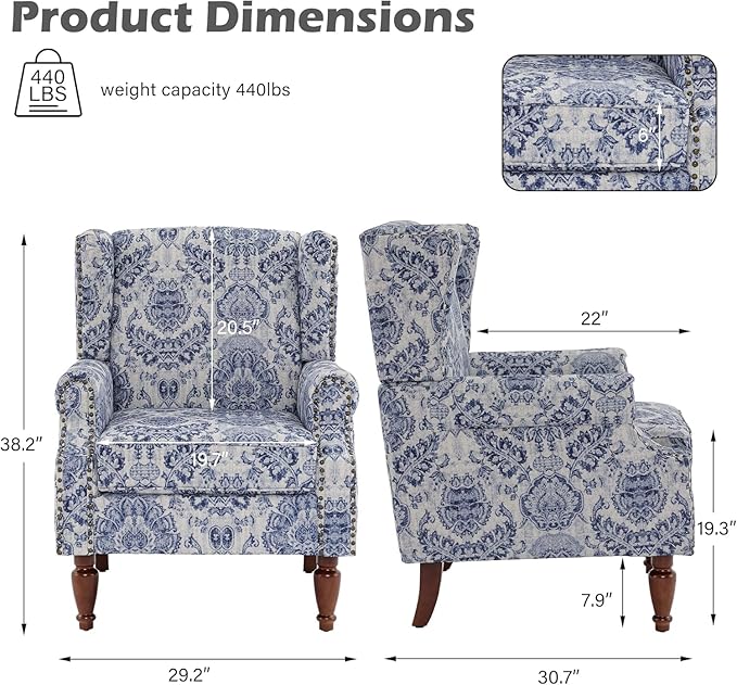 UIXE High Back Floral Accent Chair, Fabric Upholstered Armchair for Living Room, Retro Wingback Arm Chair with Solid Wood Legs, Nailhead Trim Single Sofa Bedroom Reading Seat - Navy Blue-Ruum Studio Home