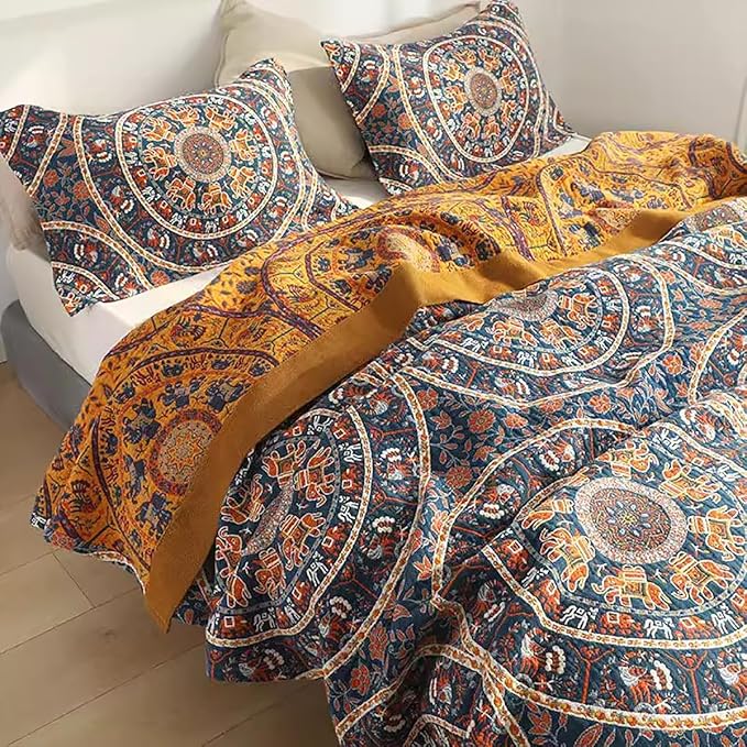 Boho Muslin Blanket for Adults 4-Layer Gauze 80 x 90 Inches Soft Cozy 100% Cotton Summer Cooling Blanket Circle Geometric Decor for Sofa Bed Coverlet Both Sides (A Luck Wheel, 80 x 90 in)-Ruum Studio Home