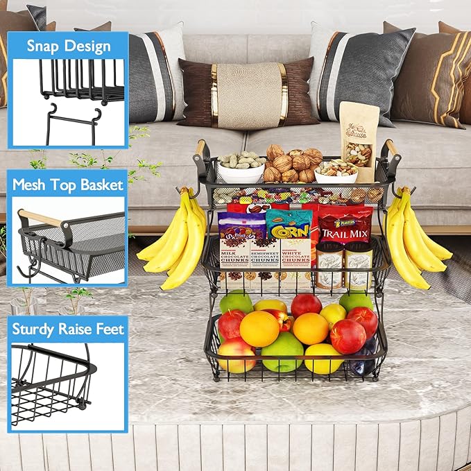 ANTOPY 3 Tier Fruit Basket with 2 Banana Hangers, Countertop Fruit Vegetable Basket Bowl for Kitchen Counter Metal Mesh Basket Fruits Stand Produce Holder Organizer for Onion Potato Bread Snack Veggie-Ruum Studio Home