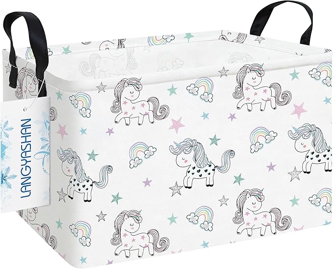 LANGYASHAN Rectangular Storage Bin Collapse Canvas Fabric Cartoon Storage Basket with Handles for Organizing Home Kitchen Boys and Girls Toys Office Closet Shelf Baskets (Rec Rainbow Unicorn)-Ruum Studio Home