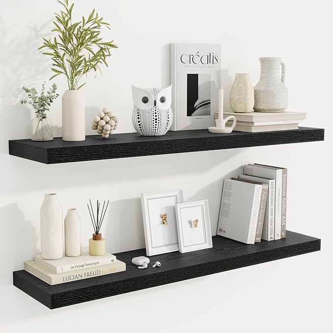 Fun Memories 40" Rustic Wood Floating Shelves with Invisible Brackets for Storage & Decor, Deep Wall Mounted Shelves for Bathroom, Kitchen, Living Room (Black, Set of 2)-Ruum Studio Home