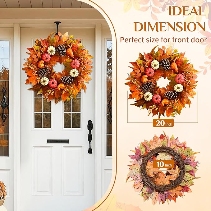 Fall Decor - Fall Wreaths for Front Door Outside, 20 Inch Fall Door Wreath, Handcrafted Autumn Wreath with Colorful Pumpkins Maple Leaves, Fall Decorations for Home Front Door Porch Thanksgiving Decor-Ruum Studio Home