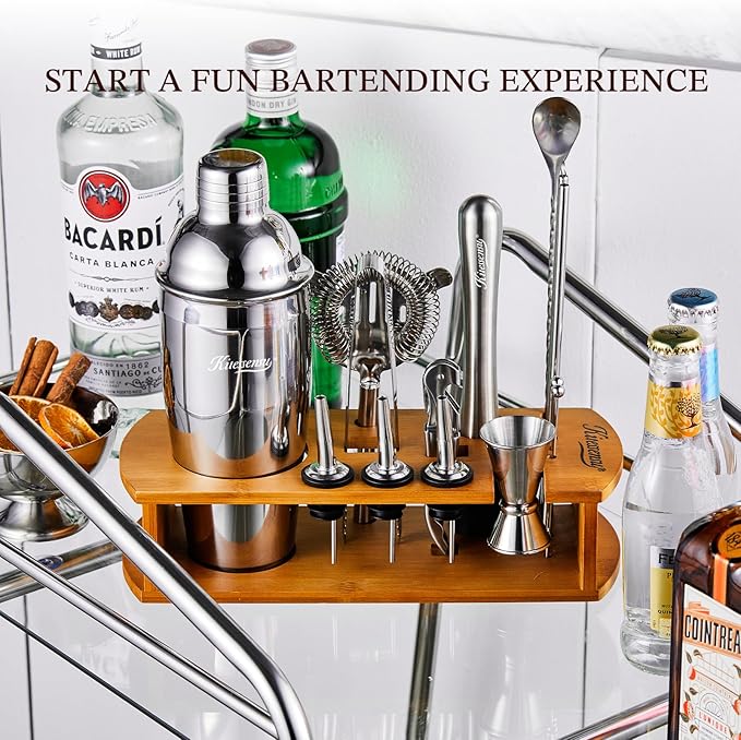 KITESSENSU Cocktail Shaker Set Bartender Kit with Stand | Bar Set Drink Mixer Set with All Essential Accessory Tools: Martini Shaker, Jigger, Strainer, Mixer Spoon, Muddler, Liquor Pourers |Silver-Ruum Studio Home