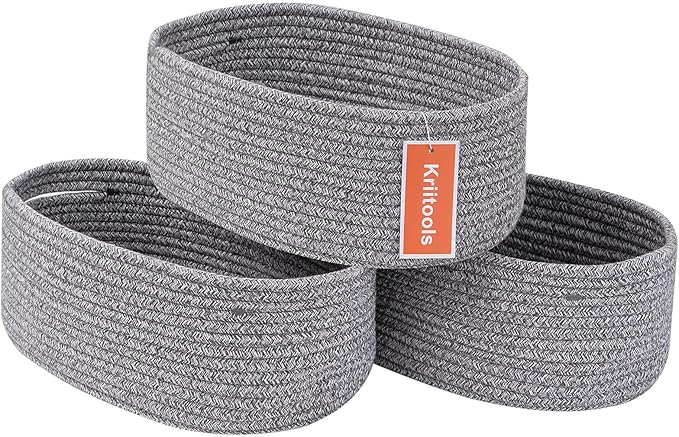 Baskets to Store Organize Household Items/Cute Basket&Bin for Shelf Storage Woven Rope Basket for Living Room, Bedroom,Play room/13x8.66x5.11’’ Cotton Rope,Durable&Stylish,Oval 3 Packs Gray-Ruum Studio Home