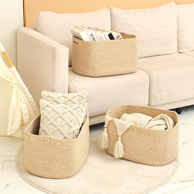 Large Storage Baskets for Organizing Shelves, Woven Cotton Rope Bins for Baby Nursery Organization, Book Toy Towel Organizer, 17"x13"x9.5", 3 Packs, Brown-Ruum Studio Home