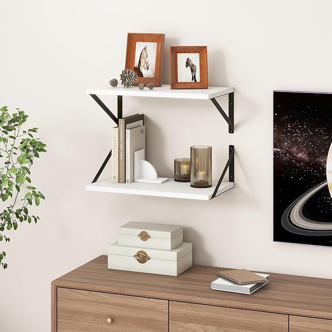 Fun Memories White Floating Shelves 18 Inch Long, Rustic Floating Shelf with Brackets, 10 Inch Deep Wall Shelves, White Bathroom Shelves, 18 x 10 Storage Shelf for Kitchen, Living Room, Set of 2-Ruum Studio Home