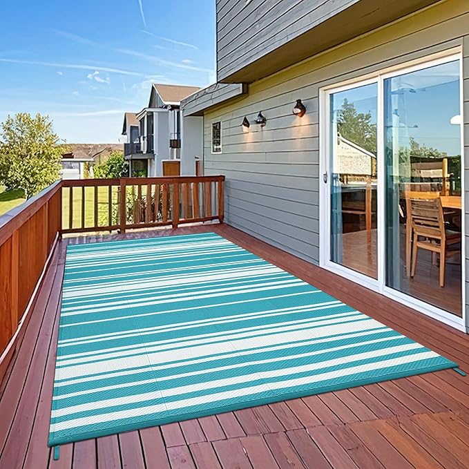 Waterproof Outdoor Rug 8x10 Contemporary Reversible Plastic Straw Rug, Easy Cleaning Striped Patio Carpet, UV-Resistant Indoor Outdoor Floor Cover for RV, Porch, Deck, Backyard, Light Blue-Ruum Studio Home