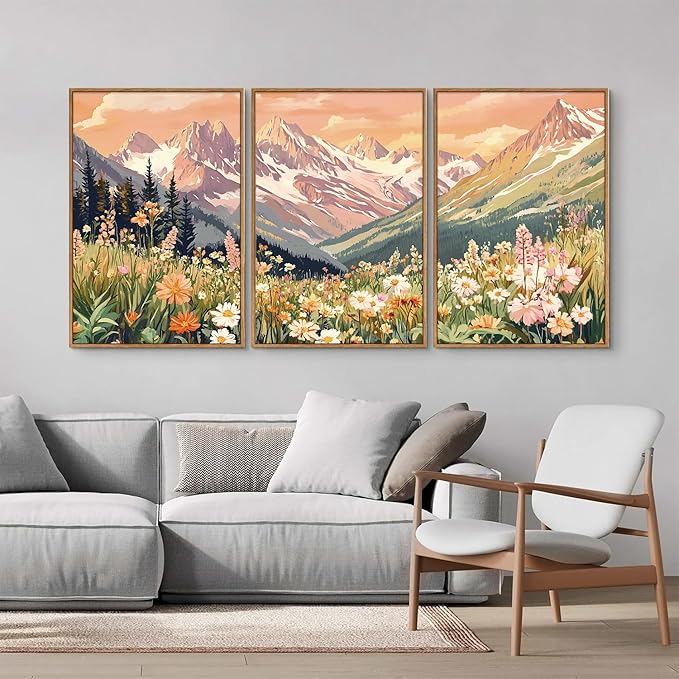 SIGNINART Vintage Floral Framed Canvas Wall Art Set, Large Mountains Nature Landscape Wall Decor, Bohemian Wildflower Forest Artwork, Pink Ridge Art Printing for Living Room Bedroom Office 16"x24"x3-Ruum Studio Home