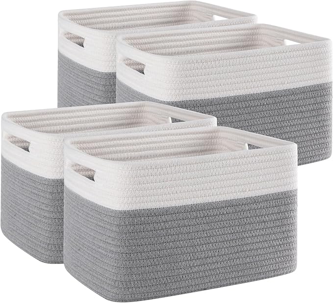 4 Pack Storage Baskets for Organizing, Woven Baskets for Shelves - Perfect for Toys, Books, Towels, and Clothes, Durable Gift Basket Bins Toy Storage, 12.7''L x9''W x7.8''H, Grey and White-Ruum Studio Home