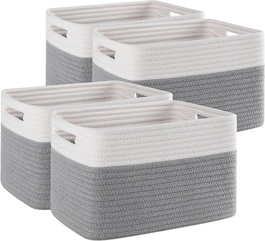 4 Pack Storage Baskets for Organizing, Woven Baskets for Shelves - Perfect for Toys, Books, Towels, and Clothes, Durable Gift Basket Bins Toy Storage, 12.7''L x9''W x7.8''H, Grey and White-Ruum Studio Home