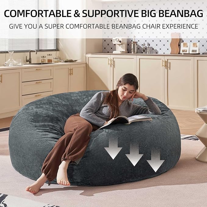 Bean Bag Chair 5Ft, Memory Foam Filled, Large Beanbag Chairs for Adults and Teens, Soft Sofa with Removable Flannel Cover, Round Couch for Living Room Bedroom College Dorm (Dark Gray, 5FT-60×60"×24")-Ruum Studio Home