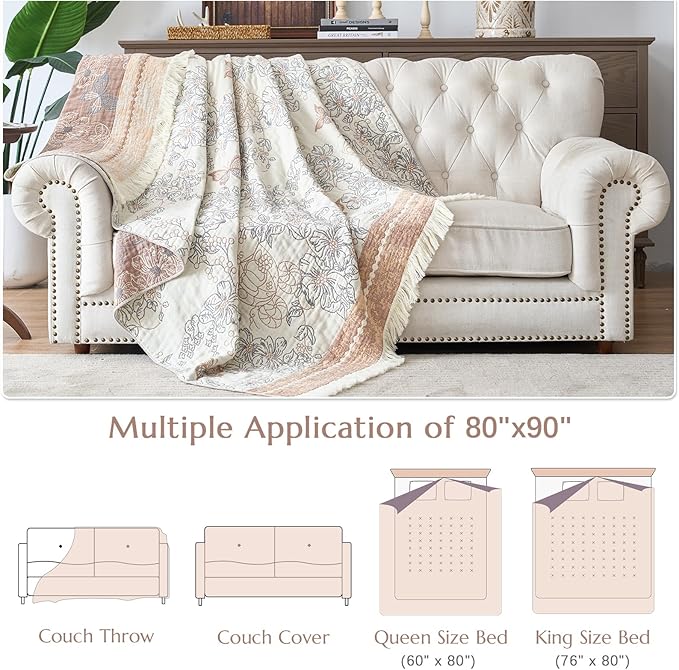 JINCHAN Boho Floral 100% Cotton Blanket 4-Layer Throw Blanket with Tassel Taupe and White Flower Butterfly Soft Luxury Rustic Farmhouse Decor Blanket for Couch Bed 80x90 inch All Season gift for women-Ruum Studio Home
