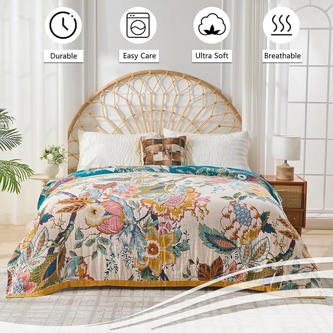 Boho Throw Blanket for Bed, Double Sided Floral Decorated Bohemian Couch Blanket, Lightweight Breathable 100% Cotton Throw Blanket,Room, Farmhouse, Bed Decor (Happiness,50"x60")-Ruum Studio Home