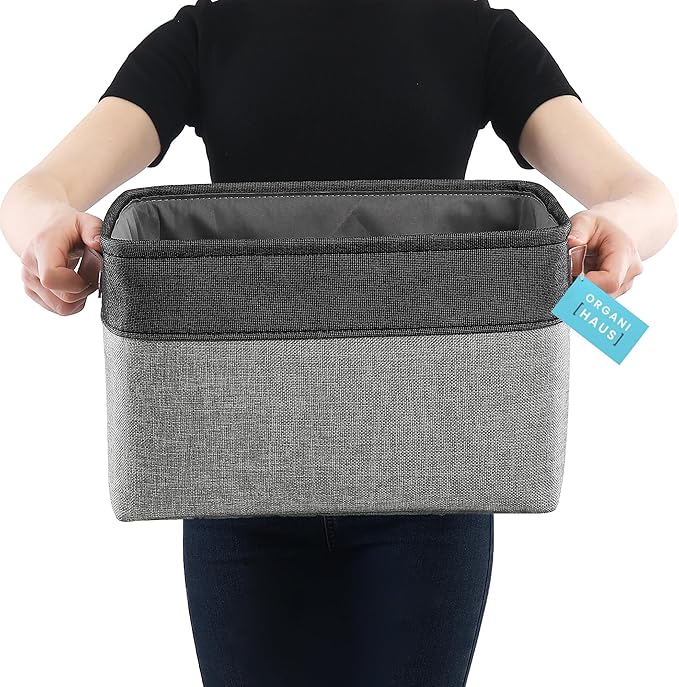 OrganiHaus Large Fabric Storage Baskets for Shelves 3 Pack | 15x11in Closet Storage Bins for Shelves | Clothes Storage Bins for Organizing | Linen Closet Organizers | Fabric Basket, Gray/Black-Ruum Studio Home