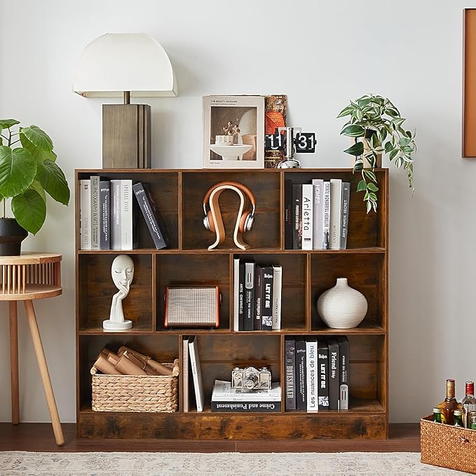 LEYAOYAO 10 Cube Bookshelf with Base,3 Tier Mid-Century Modern Grey Bookcase,Standing Wide Bookshelves Storage Organizer Shelf,Rustic Wood Display Cabinet Book Shelves for Bedroom,Living Room,Office-Ruum Studio Home