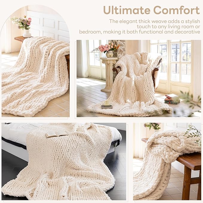 Chunky Knit Blanket - Luxury Soft Cozy 61 * 79 Bold Throw Blanket,100% Woven Blanket Rope Knot Throw Blanket for Couch, Sofa, Home Decor, Gift - Machine Washable（Cream）-Ruum Studio Home