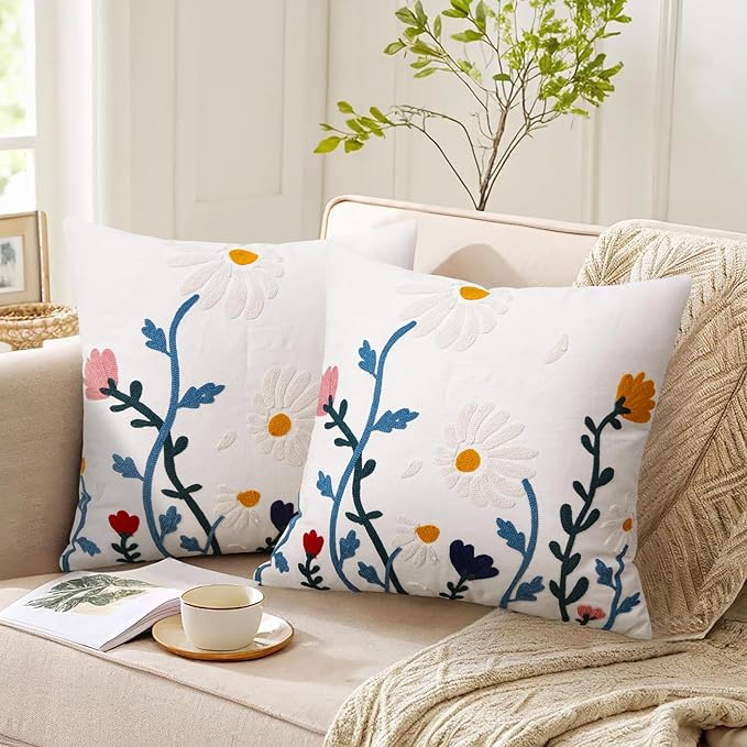 Merrycolor Embroidered Pillow Covers 18x18 Flower Pattern Decorative Throw Pillow Covers Comfortable Cotton Canvas Square Cushion Cases for Sofa Bed Living Room Decor-Ruum Studio Home