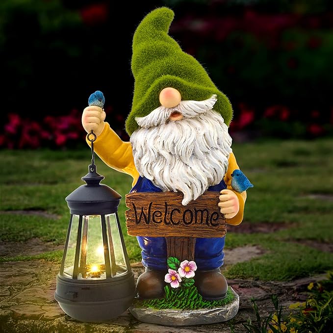 Garden Gnomes Outdoor - Flocked Gnome Statue Holding Lantern with Solar LED Lights | Gnomes Garden Decorations for Patio, Yard, Lawn Ornaments - Gnome Gifts-Ruum Studio Home
