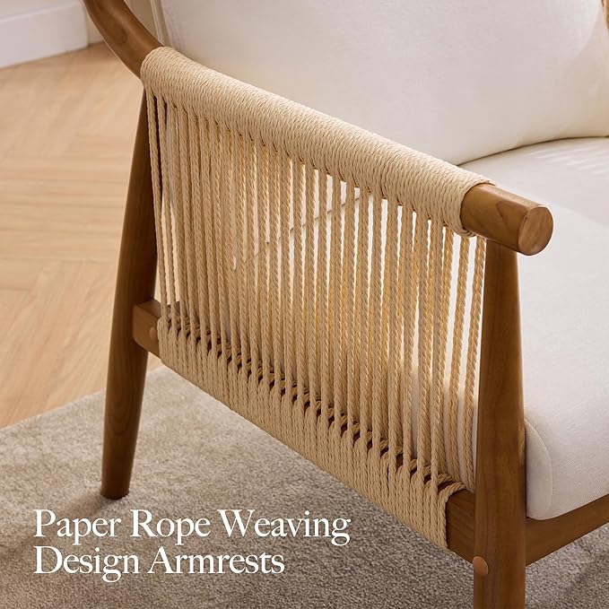 Braid Accent Chair for Living Room Bedroom Reading Room, Rattan Modern Boho Armchair with Solid Wooden Armrest & Frame and Cushions-Ruum Studio Home