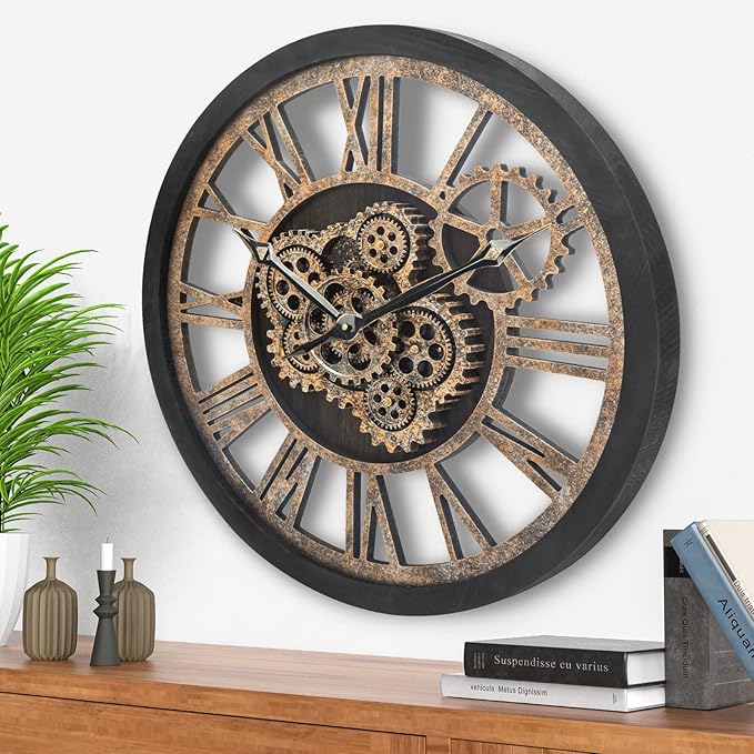 HOIBAI Wall Clock, Large Wall Clocks for Living Room Decor 18 Inch Battery Operated Silent Non-Ticking Modern Farmhouse Vintage Roman Big Wall Clock for Home Bedroom House, Moving Gears Clock-Ruum Studio Home