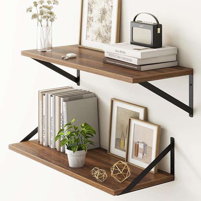 Fun Memories 27.5" W x10 D Floating Shelves, Large Wall Shelves 27.5 Inch Long, Set of 2, Farmhouse Wood Floating Shelf Wall Mounted, Deep Shelves for Bathroom, Living Room, Kitchen, Walnut Color-Ruum Studio Home