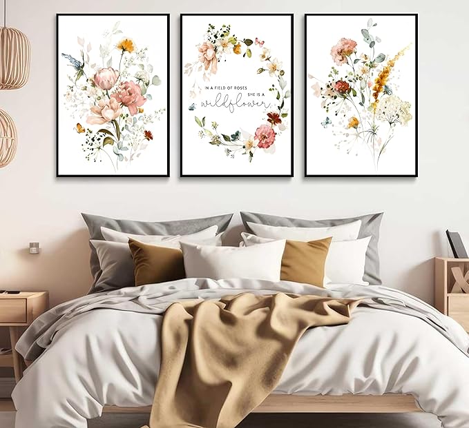 3Pcs Pink Flowers Canvas Wall Art In A Field Of Roses She Is A Wildflower Painting Picture Decor Watercolor Wreath Poster Print Artwork for Nursery living room Girls Room Home Decoration Unframed-Ruum Studio Home