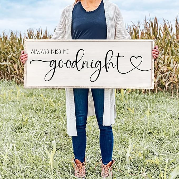 flowtorely Always Kiss Me Goodnight Wall Sign For Master Bedroom Above Bed Wall Decor 40''×15'' Large Rustic Solid Wood Frame For Farmhouse Couples Above bed Wall Art Decoration (White)-Ruum Studio Home