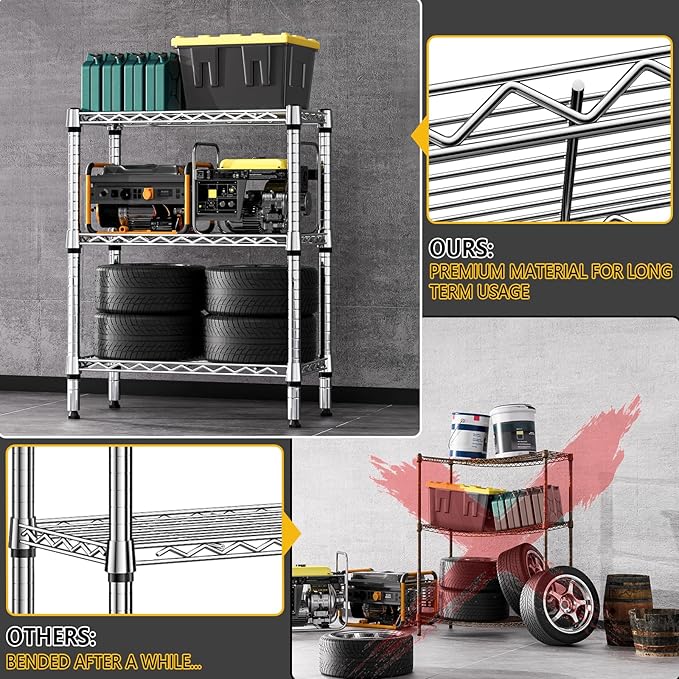 750 lbs 3 Tier Shelf Metal Storage Shelves Wire Rack Closet Organizers for Garage Kitchen Bathroom Laundry Chrome 11.8" D x 25.6" W x 31.5" H-Ruum Studio Home