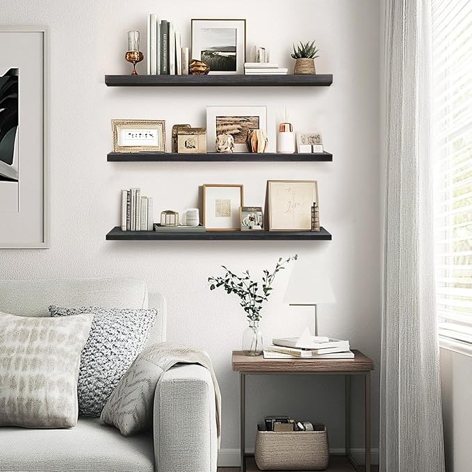 Floating Wall Shelves 3-Pack - 24-Inch Rustic Black Wooden Shelves for Storage and Décor, Easy Installation for Living Room, Bedroom, and Kitchen-Ruum Studio Home