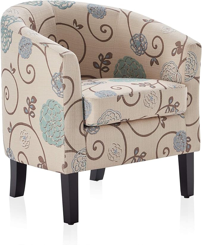 BELLEZE Living Room Chair, Linen Round Accent Barrel Chair, Club Tub Sofa Chair for Bedroom, Corner Chair with Flared Legs and Cozy Soft Padding - Highland (Floral Print)-Ruum Studio Home