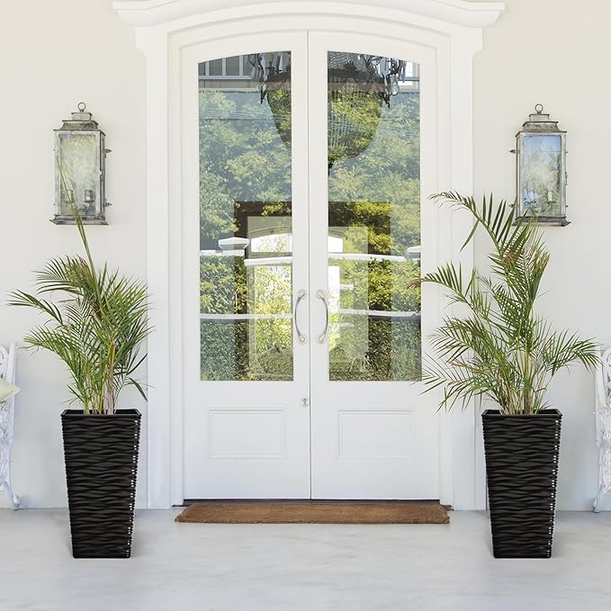 Worth Garden 2-Pack 22" H. Black Square Tapered Planter with Inside Pots - Plastic Plant Pots for Indoor Outdoor - Modern Wavy Finish Decorative Flower Pots for Front Porch Containers Patio Deck-Ruum Studio Home