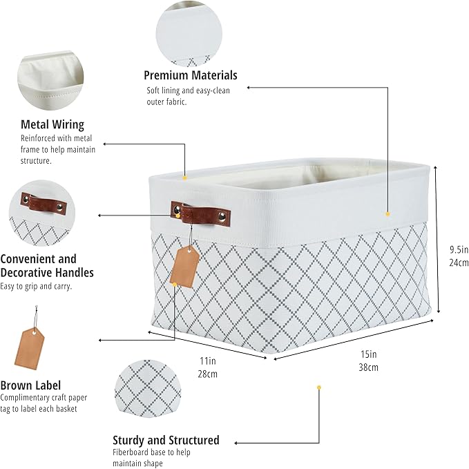 DECOMOMO White Storage Bins Fabric Storage Baskets for Shelves, Linen Closet Organization Toys Nursery (White Check, Large - 3 Pack)-Ruum Studio Home