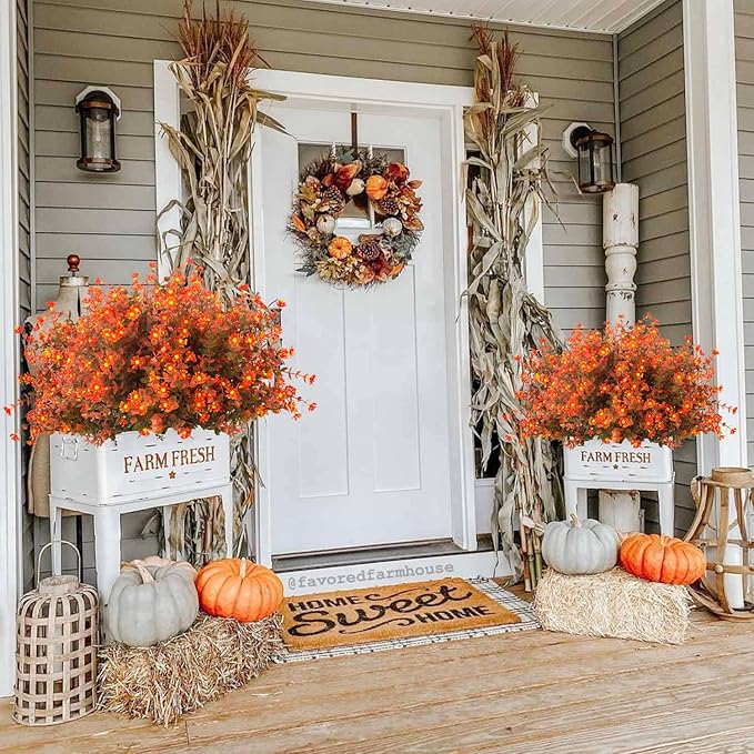 12 Bundles Artificial Fall Flowers No Fade Faux Autumn Plants, Fake Indoor Outdoor Greenery Decorations for Thanksgiving Christmas Wedding Party Home Garden Fireplace Décor (Fall Red)-Ruum Studio Home