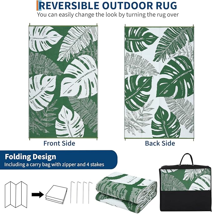 GAOMON Waterproof Plastic Straw Rug 9x12 Outdoor Patio Rug, Reversible Modern Camping Mat with Bag & Stakes, UV Resistant & Easy to Clean Outdoor Carpet for RV, Deck, Balcony, Green-Ruum Studio Home