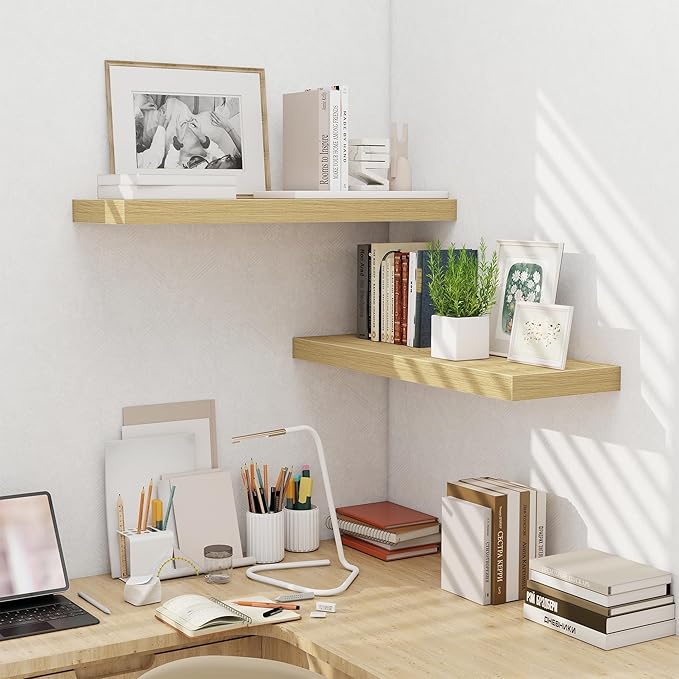 Fun Memories 32 x 10 Floating Shelves Wall-Mounted - Rustic Wood Shelf - 10 Inch Deep Floating Shelves for Wall - Large Storage Shelf for Bathroom - Kitchen & Bedroom - Oak - Set of 2-Ruum Studio Home